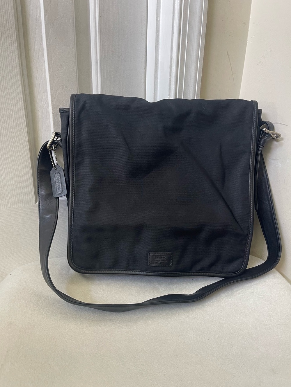 Coach Vintage Black Nylon Messenger Bag with Leather Trim